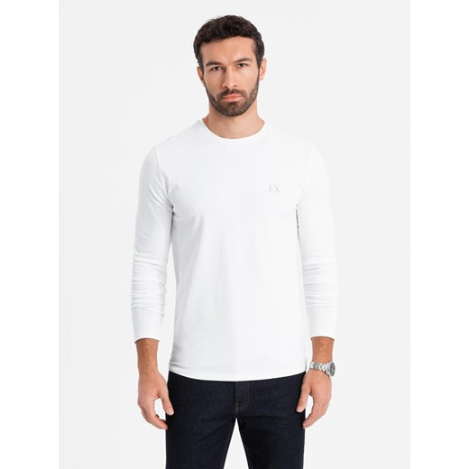Męski longsleeve SLIM FIT z elastanem i printem – biały V2 OM-LSBC-0124 ze sklepu ombre w kategorii T-shirty męskie - zdjęcie 178156070