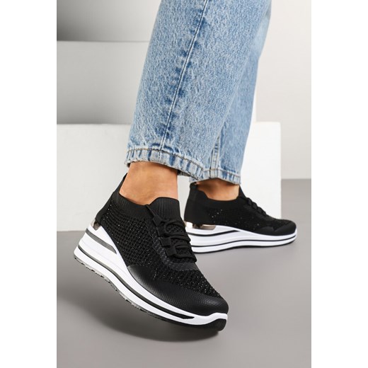 Czarne Sneakersy na Koturnie Ozdobione Metaliczną Aplikacją i Cyrkoniami Fasilna ze sklepu renee.pl w kategorii Buty sportowe damskie - zdjęcie 178157794