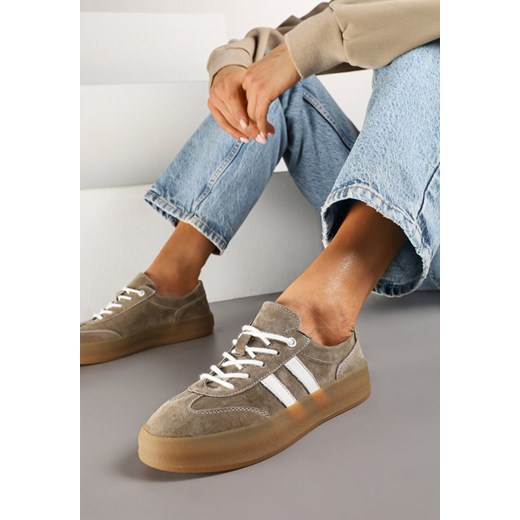 Ciemnobeżowe Skórzane Sneakersy w Stylu Kultowych Tenisówek Rerionelle ze sklepu born2be.pl w kategorii Buty sportowe damskie - zdjęcie 178159293