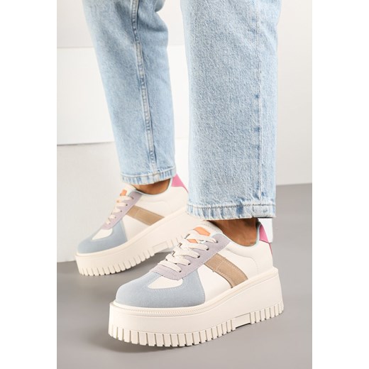 Beżowo-Niebieskie Sneakersy w Stylu Tenisówek na Platformie z Tłoczeniami Firreis ze sklepu born2be.pl w kategorii Buty sportowe damskie - zdjęcie 178159320