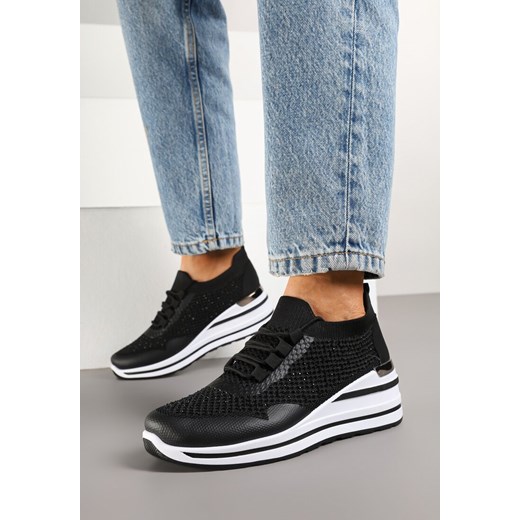 Czarne Sneakersy na Koturnie z Cyrkoniami z Metalicznym Zdobieniem Bariena ze sklepu born2be.pl w kategorii Buty sportowe damskie - zdjęcie 178159332