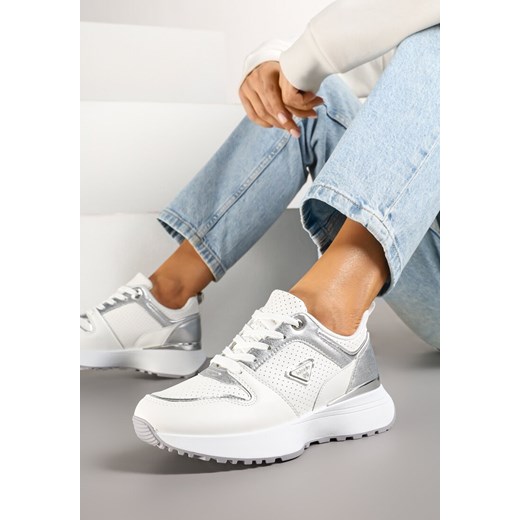Białe Sneakersy Ozdobione Perforacją i Geometryczną Aplikacją Senilanea ze sklepu renee.pl w kategorii Buty sportowe damskie - zdjęcie 178162554