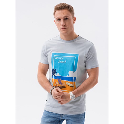 T-shirt męski z nadrukiem - błękitny V3B S1434 L okazyjna cena ombre