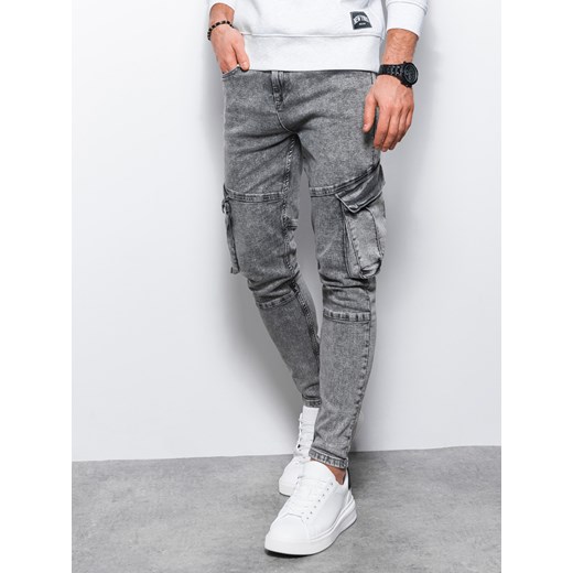 Jeansowe spodnie cargo SLIM FIT z efektem wybielania – szare V1 OM-PADP-0176 ze sklepu ombre w kategorii Jeansy męskie - zdjęcie 178163250