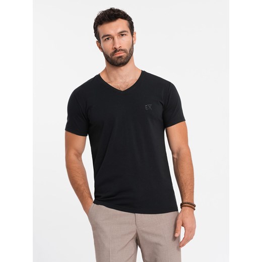 T-shirt męski V-neck SLIM FIT z elastanem i printem  – czarny V1 OM-TSBC-0221 ze sklepu ombre w kategorii T-shirty męskie - zdjęcie 178173441