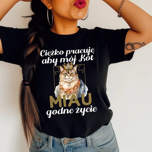 DAMSKA koszulka - ciężko pracuję aby mój kot miau dobre życie ze sklepu Time For Fashion w kategorii Bluzki damskie - zdjęcie 178176280