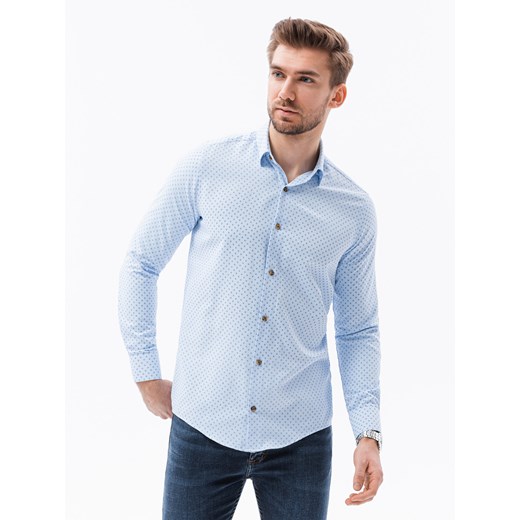 Koszula męska w drobny geometryczny wzór REGULAR FIT - błękitna K616 L ombre