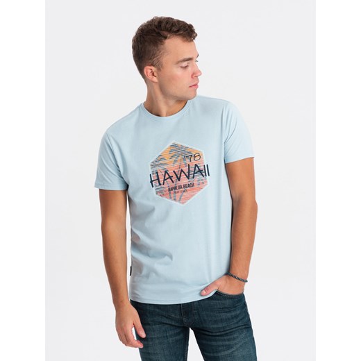 T-shirt męski bawełniany z nadrukiem - błękitny V2 S1740 ze sklepu ombre w kategorii T-shirty męskie - zdjęcie 178181020