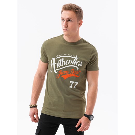 T-shirt męski z nadrukiem - oliwkowy V-22D S1434 ze sklepu ombre w kategorii T-shirty męskie - zdjęcie 178181203