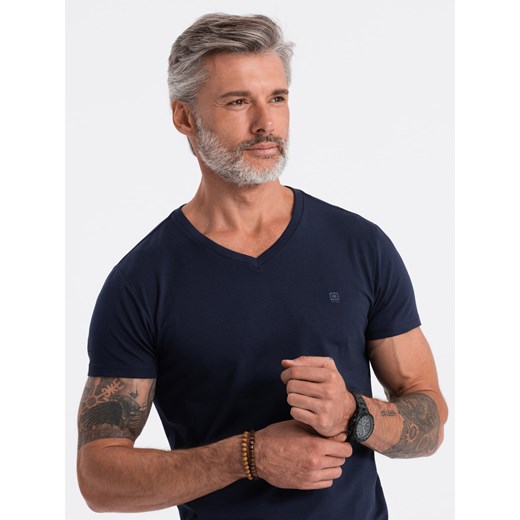 T-shirt męski V-NECK z elastanem - granatowy V2 S1183 XL promocyjna cena ombre