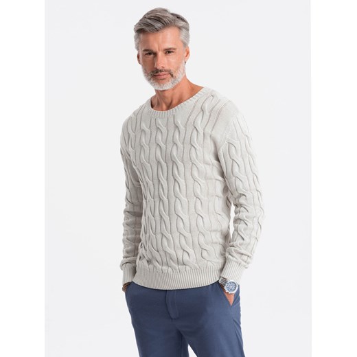 Sweter męski z warkoczowym splotem - kremowy V1 E195 M okazja ombre