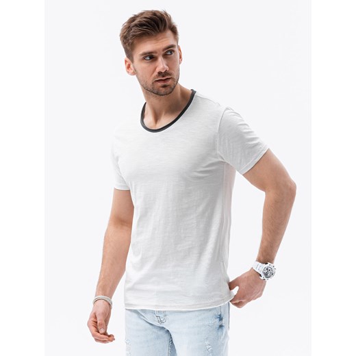 T-shirt męski bawełniany - ecru V6 S1385 ze sklepu ombre w kategorii T-shirty męskie - zdjęcie 178181824