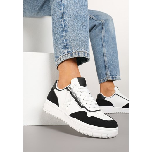 Biało-Czarne Sneakersy na Niskiej Platformie z Ozdobnym Suwakiem i Perforacją Ulivane ze sklepu born2be.pl w kategorii Buty sportowe damskie - zdjęcie 178184190