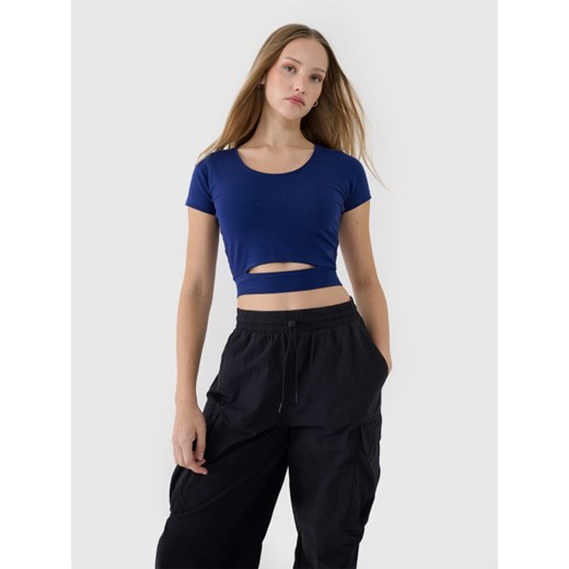 Damski t-shirt crop top 4F 4FRSS25TTSHF2695 - granatowy ze sklepu Sportstylestory.com w kategorii Bluzki damskie - zdjęcie 178209642