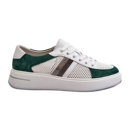 S.Barski Sneakersy Skórzane Damskie D&amp;A LR110 Zielono-Białe zielone ze sklepu ButyModne.pl w kategorii Buty sportowe damskie - zdjęcie 178214194
