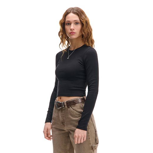 Cropp - Czarna krótka koszulka longsleeve - czarny ze sklepu Cropp w kategorii Bluzki damskie - zdjęcie 178216210