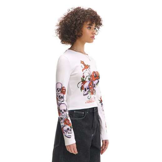 Cropp - Koszulka longsleeve z czaszkami i różami - biały ze sklepu Cropp w kategorii Bluzki damskie - zdjęcie 178218894