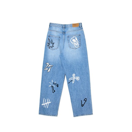 Cropp - Jeansy super baggy z nadrukami - niebieski Cropp 30/32 Cropp