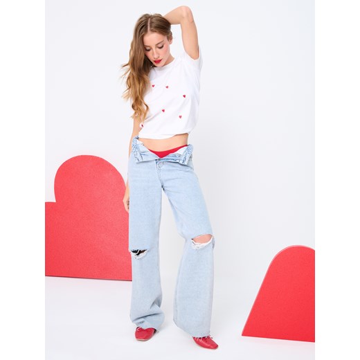 Biała bluzka damska Sinsay z okrągłym dekoltem z krótkim rękawem 