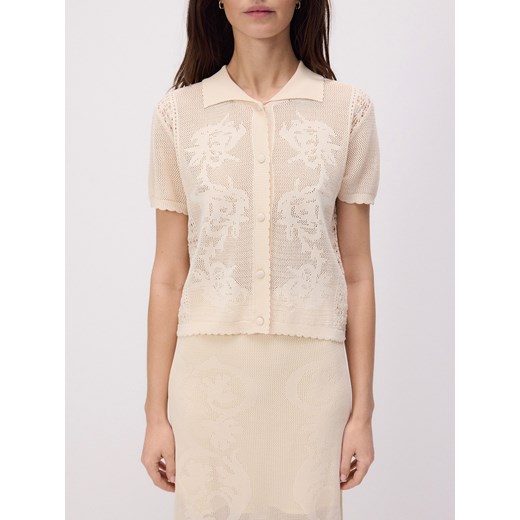 Bluzka damska Reserved beżowa z krótkim rękawem koronkowa 