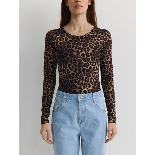 Bluzka damska Reserved brązowa z okrągłym dekoltem casualowa z długimi rękawami 