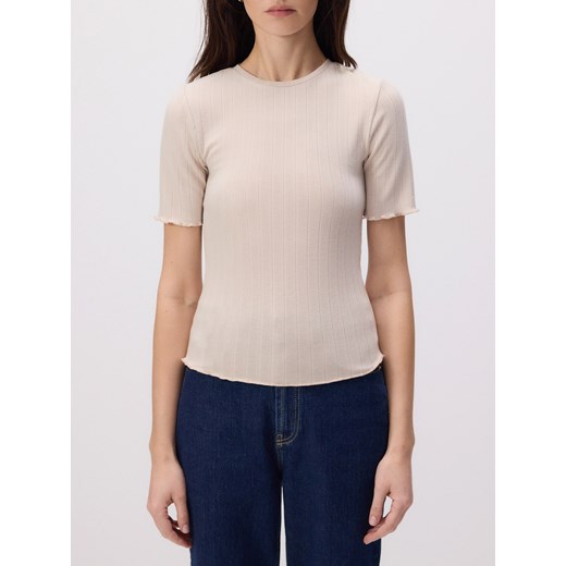 Bluzka damska Reserved beżowa z elastanu z okrągłym dekoltem 