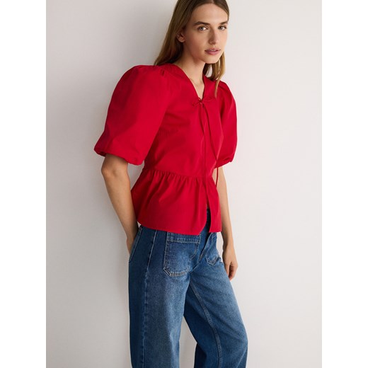 Reserved - Bawełniana bluzka z bufkami - czerwony Reserved L Reserved okazja