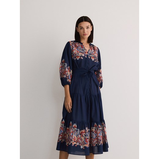 Reserved - Bawełniana sukienka midi z bufkami - granatowy ze sklepu Reserved w kategorii Sukienki - zdjęcie 178293573