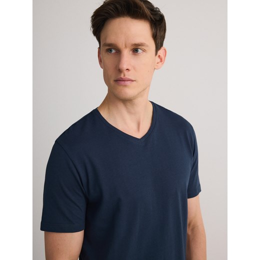 Reserved - T-shirt slim z dekoltem V - granatowy Reserved M Reserved