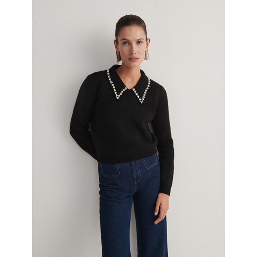 Reserved - Sweter z ozdobnym kołnierzem - czarny Reserved M Reserved wyprzedaż