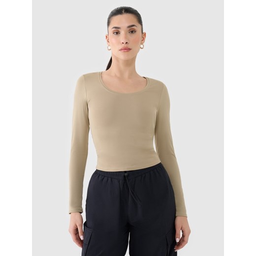 Damski longsleeve basic 4F 4FRSS25TLONF511 - beżowy ze sklepu Sportstylestory.com w kategorii Bluzki damskie - zdjęcie 178363182