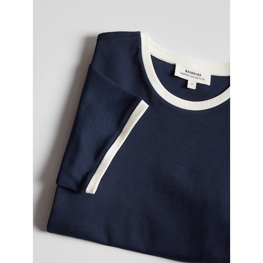 Reserved - T-shirt z kontrastową lamówką - granatowy Reserved S Reserved
