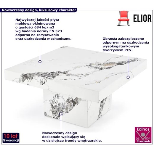 Biały kwadratowy stolik kawowy imitujący marmur - Ovez Elior One Size Edinos.pl