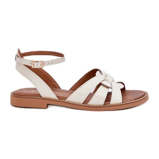 Lewski Shoes Skórzane Sandały Damskie Na Płaskim Obcasie Zazoo 3688 Ecru białe ze sklepu ButyModne.pl w kategorii Sandały damskie - zdjęcie 178400961