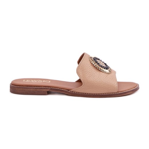 Lewski Shoes Skórzane Klapki Z Ozdobą Na Płaskim Obcasie Lewski 3047/O Beżowe brązowe ze sklepu ButyModne.pl w kategorii Klapki damskie - zdjęcie 178400962