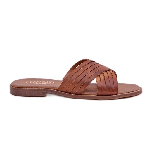 Skórzane Damskie Klapki Lewski Shoes 3682 Camel brązowe ze sklepu ButyModne.pl w kategorii Klapki damskie - zdjęcie 178400974