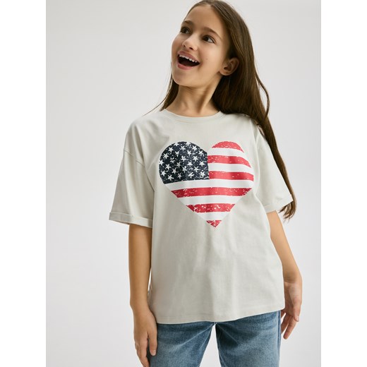 Reserved - Bawełniany t-shirt z nadrukiem - jasnoszary ze sklepu Reserved w kategorii Bluzki dziewczęce - zdjęcie 178407402