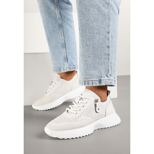 Białe Skórzane Sneakersy z Ozdobnym Suwakiem Selami ze sklepu born2be.pl w kategorii Buty sportowe damskie - zdjęcie 178411303