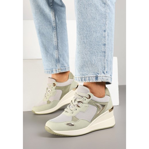 Jasnozielone Sneakersy na Koturnie z Ozdobnymi Wstawkami Cedera ze sklepu born2be.pl w kategorii Buty sportowe damskie - zdjęcie 178413124