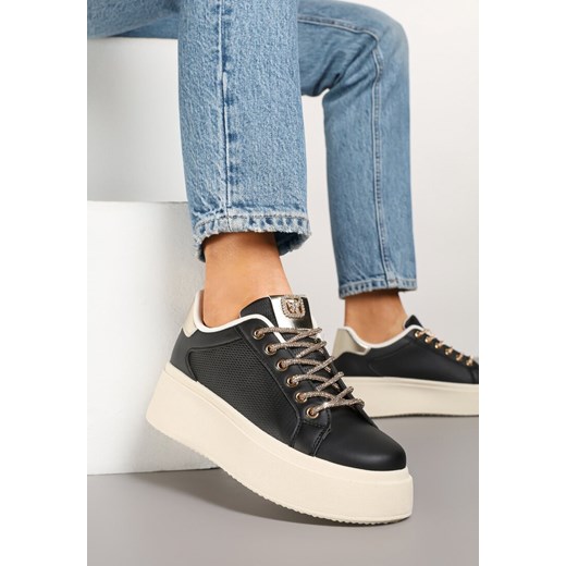 Czarne Sneakersy na Grubej Podeszwie Zdobione Siateczką i Cyrkoniami Vanilra ze sklepu born2be.pl w kategorii Buty sportowe damskie - zdjęcie 178413172