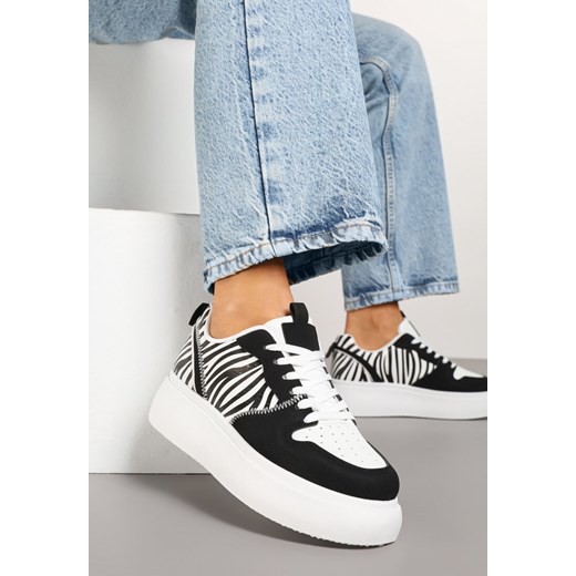 Czarno-Białe Sneakersy na Platformie z Ozdobnymi Przeszyciami Perforacją i Printem w Zeberkę Senaleira ze sklepu born2be.pl w kategorii Buty sportowe damskie - zdjęcie 178413214