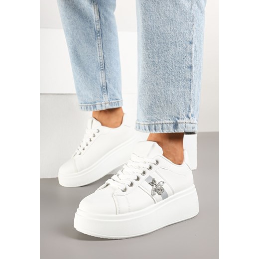 Białe Sneakersy na Platformie z Kryształowym Owadem na Cholewce Elanorila ze sklepu born2be.pl w kategorii Buty sportowe damskie - zdjęcie 178414362