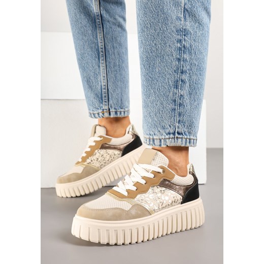 Beżowe Sneakersy na Tłoczonej Podeszwie ze Zdobieniami w Panterkę Gerraza ze sklepu born2be.pl w kategorii Buty sportowe damskie - zdjęcie 178415151