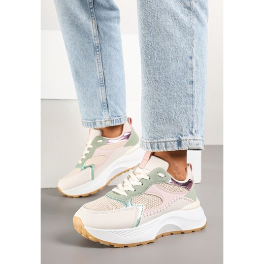 Beżowo-Zielone Sneakersy z Metalicznymi Wstawkami Evelsemi ze sklepu born2be.pl w kategorii Buty sportowe damskie - zdjęcie 178415271
