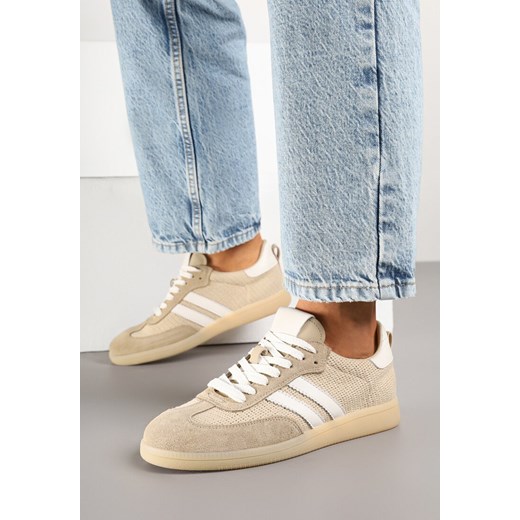 Beżowe Skórzane Sneakersy z Geometrycznym Wzorem Nanovia ze sklepu born2be.pl w kategorii Buty sportowe damskie - zdjęcie 178415631