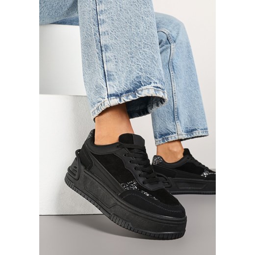 Czarne Sneakersy na Grubej Platformie z Tłoczeniem Ozdobione Wzorem w Panterkę Deolithra ze sklepu born2be.pl w kategorii Buty sportowe damskie - zdjęcie 178416654