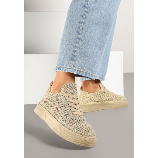 Złote Koronkowe Sneakersy na Niskiej Platformie Nanalisea ze sklepu born2be.pl w kategorii Buty sportowe damskie - zdjęcie 178417203