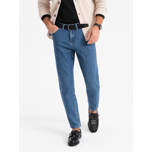 Marmurkowe spodnie męskie jeansowe CARROT FIT – ciemnoniebieskie V2 OM-PADP-0225 ze sklepu ombre w kategorii Jeansy męskie - zdjęcie 178420562