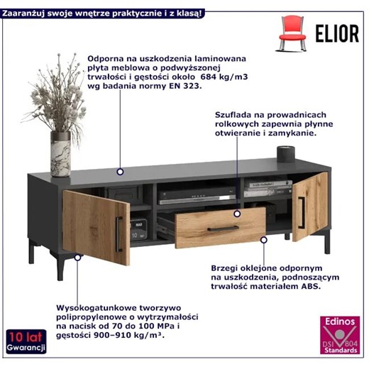 Nowoczesna szafka RTV na nóżkach antracyt + dąb wotan - Vatori 5X Elior One Size Edinos.pl