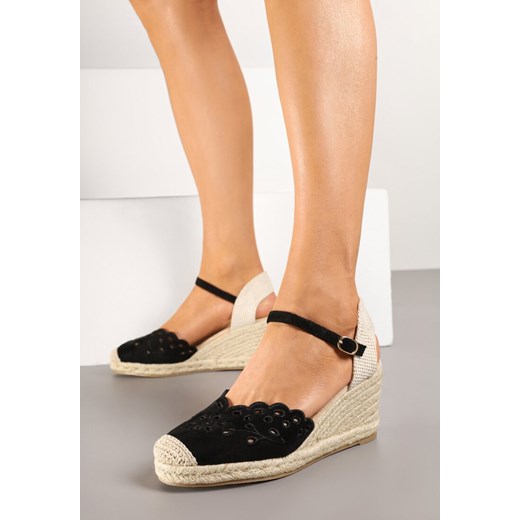 Czarne Sandały Espadryle na Koturnie z Ażurowym Wzorem i Plecionką Sarabina ze sklepu born2be.pl w kategorii Espadryle damskie - zdjęcie 178437223